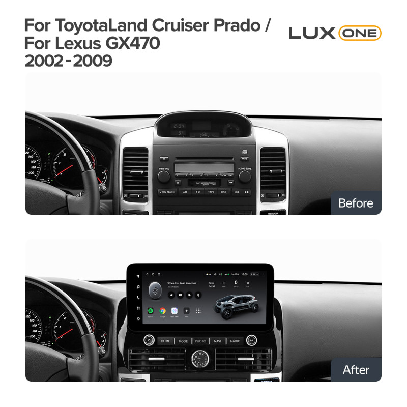 Štátní magnetofon Teyes LUX ONE 4+32 GB pro Toyota Land Cruiser Prado 120 3 (III. generace) a Lexus GX 470 (J120) 2002–2009, 12,3