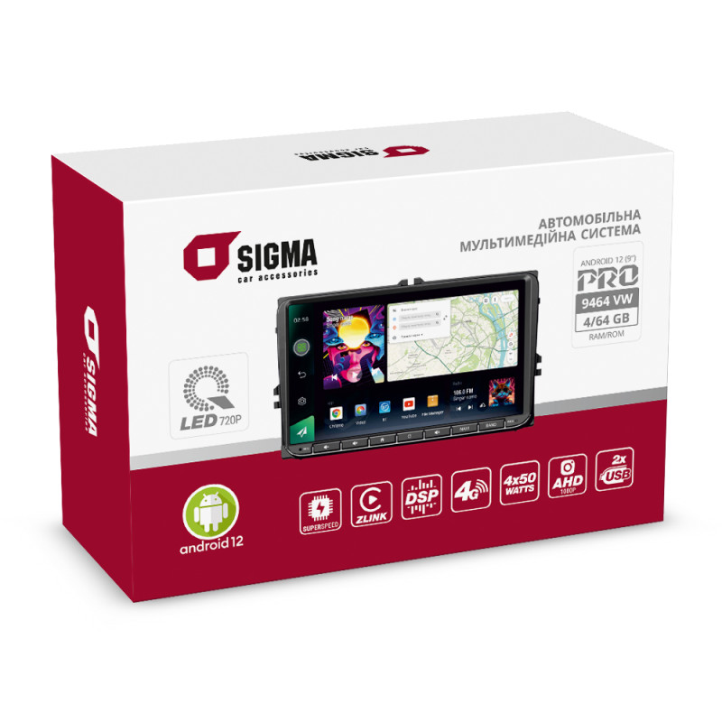Car multimedia system SIGMA PRO 9464 VW ANDROID 12 4+64 Gb 4G DSP (9")