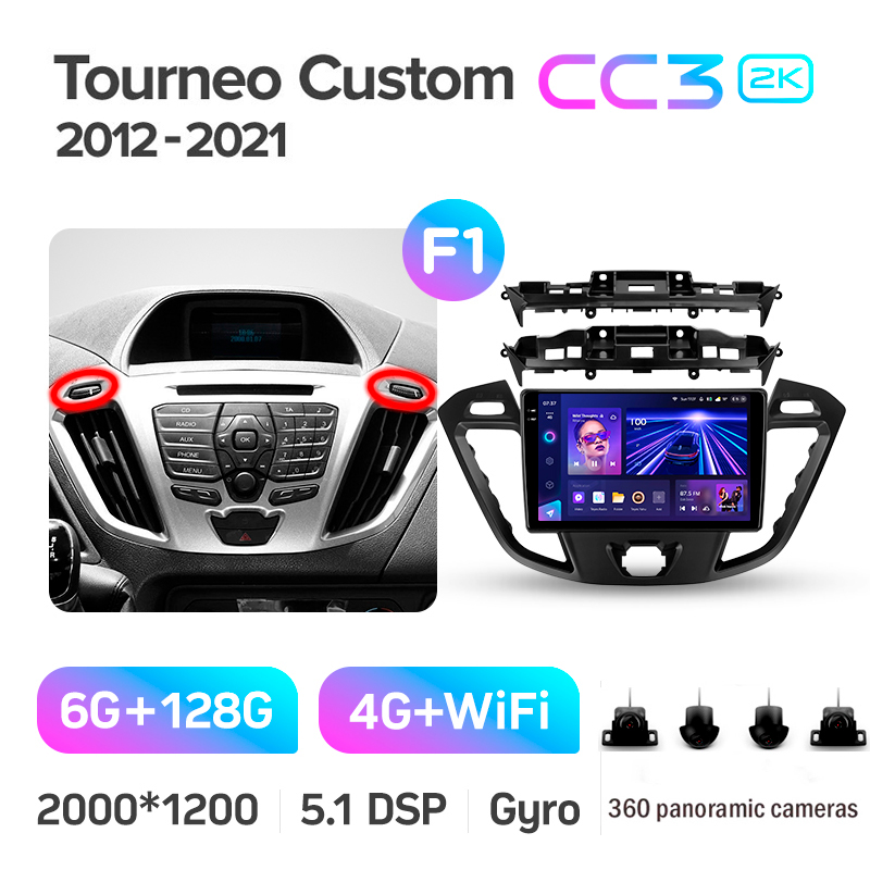 Android head unit Teyes CC3 6+128 Gb with 360° surround view° Ford Tourneo Custom 1 I Transit (F1) 2012-2021 9" 2k