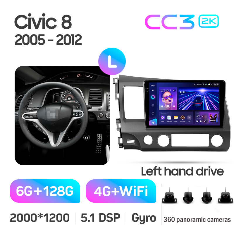 Android head unit Teyes CC3 6+128 Gb with 360° surround view° Honda Civic 8 FK FN FD 2005-2012 10" 2k