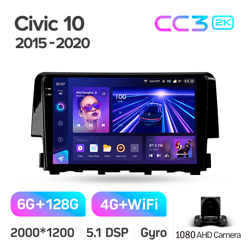 Android head unit Teyes CC3 6+128 Gb Honda Civic 10 FC FK 2015-2020 9" 2k