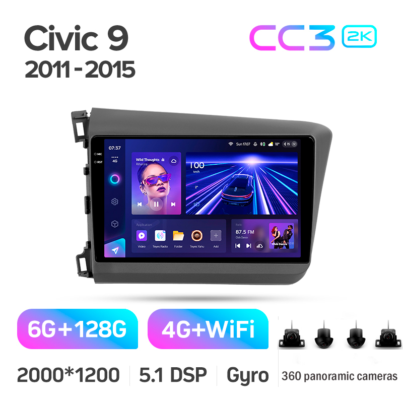Stacja głośnomówiąca Teyes CC3 6+128 GB z panoramicznym wyświetlaczem 360° do Hondy Civic 9 FB FK FD (2011–2015), 9