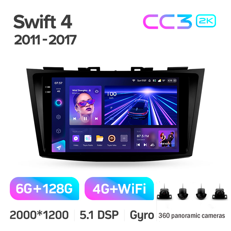 Odtwarzacz multimedialny Teyes CC3 6+128 GB z kamerą 360° dla Suzuki Swift 4 (2011–2017), ekran 9