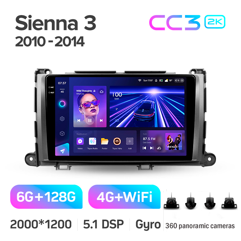 Android head unit Teyes CC3 6+128 Gb with 360° surround view° Toyota Sienna 3 XL30 2010 - 2014 9" 2k