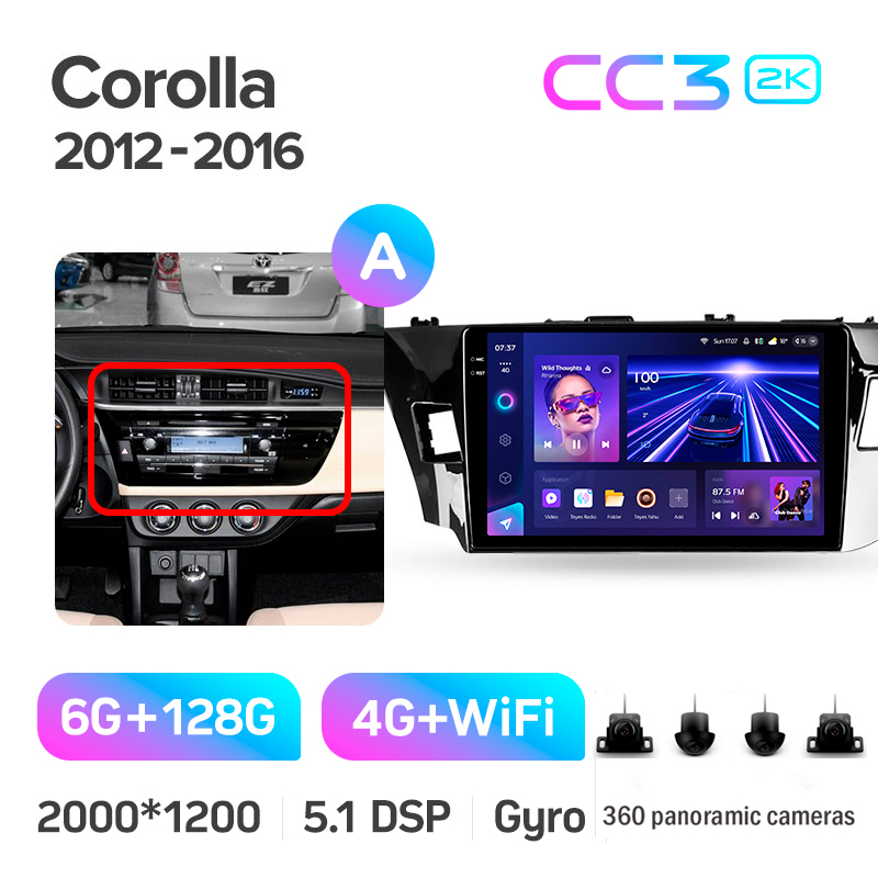 Štátní magnetofon Teyes CC3 6+128 GB s kulovým pohledem 360° pro Toyota Corolla (A) 11 (2012–2016) 10
