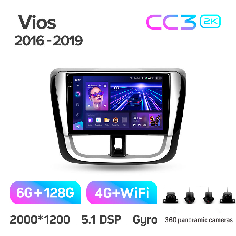 Android head unit Teyes CC3 6+128 Gb with 360° surround view° Toyota Vios Yaris L 2016-2019 10" 2k
