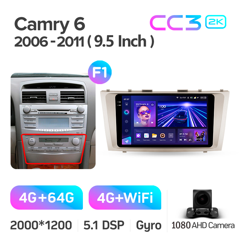 Fahrzeugradio Teyes CC3 4+64 GB für Toyota Camry 6 (XV40, 50, 2006–2011, F1), 9 Zoll, 2K.