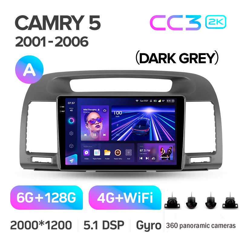 Android head unit Teyes CC3 6+128 Gb with 360° surround view° Toyota Camry 5 XV 30 2001-2006-A 9" 2k