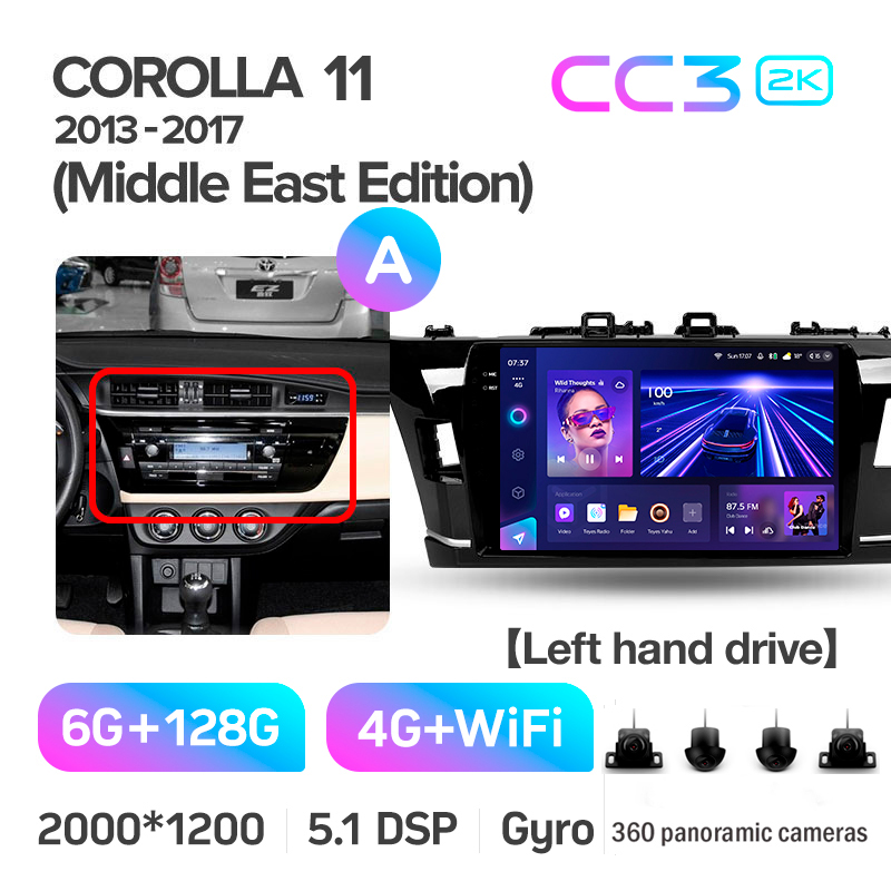 Štátní magnetofon Teyes CC3 6+128 GB s kruhovým pohledem 360° pro Toyota Corolla (Middle East, 2013–2017, typ A), 10