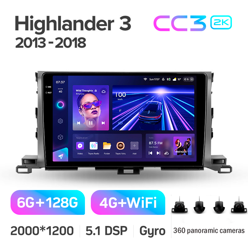 Štátní magnetofon Teyes CC3 6+128 GB s kruhovým pohledem 360° pro Toyota Highlander 3 XU50 (2013–2018), 10